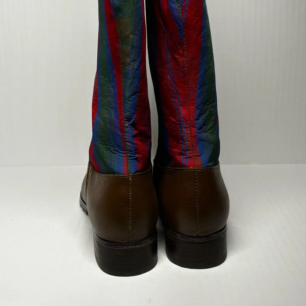 Jeffery Banks - Brown Leather Knee-High Boots with Red & Green Plaid Shaft